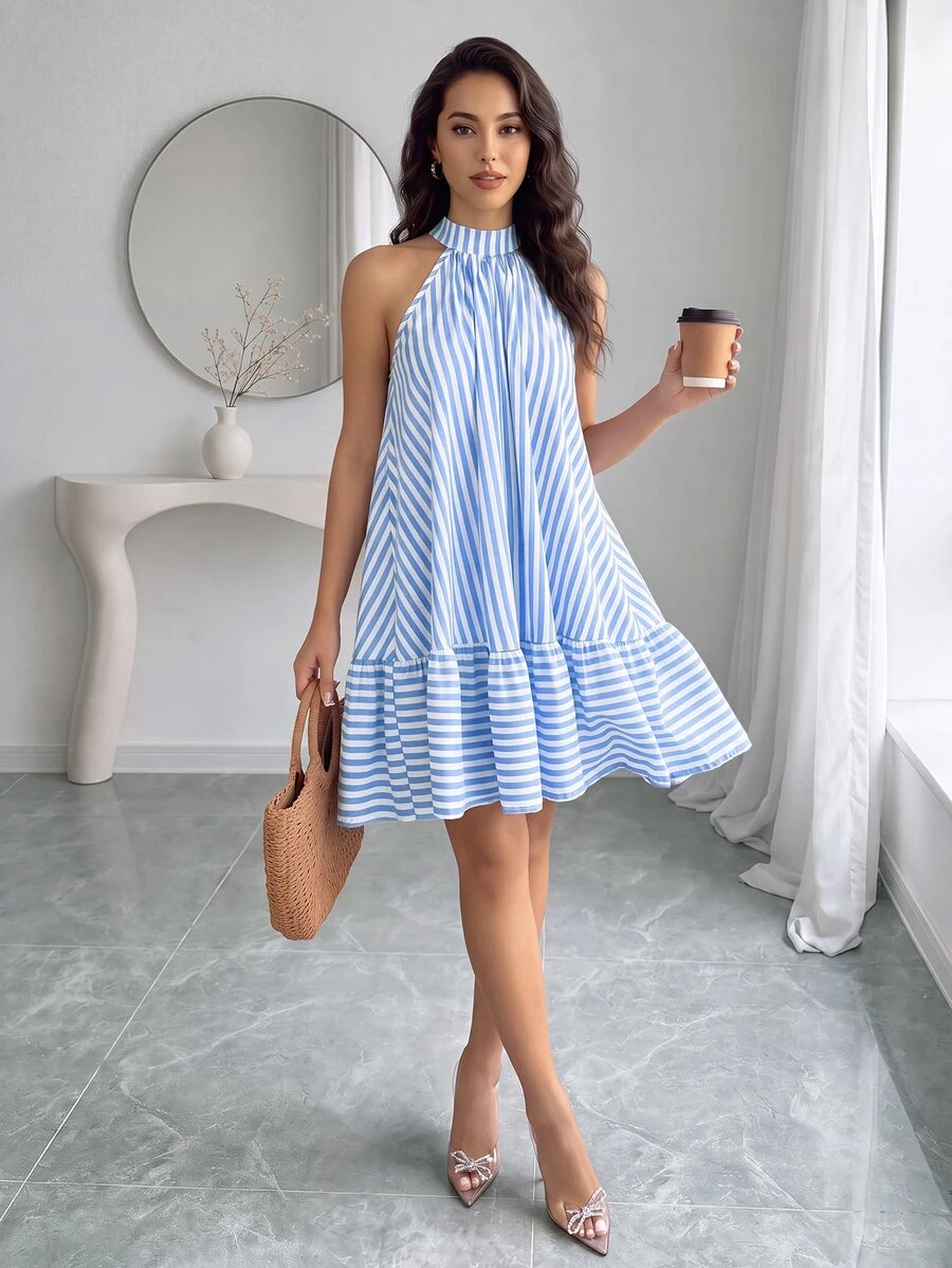 Rafferiza Elegant Sleeveless Halter Neck Frill Trim Striped Vacation Dress, Spring/Summer - Blue and White - View 1