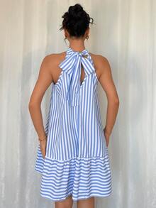 Rafferiza Elegant Sleeveless Halter Neck Frill Trim Striped Vacation Dress, Spring/Summer - Blue and White - View 3