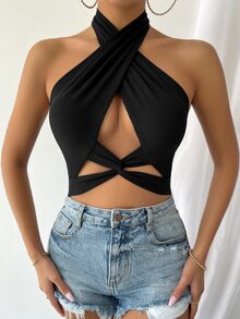 Rafferiza Twist Front Cut Out Crop Halter Top - Black - View 2