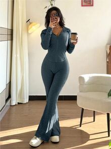 Rafferiza 2 件套女士休闲连帽运动衫，带口袋和喇叭裤，罗纹针织，秋冬 - 霧霾藍 - 查看 5