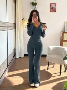 Rafferiza 2 件套女士休闲连帽运动衫，带口袋和喇叭裤，罗纹针织，秋冬 - 霧霾藍 - 查看 7