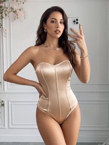 Rafferiza Solid Tube Satin Bodysuit - Apricot - View 1