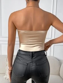 Rafferiza Solid Tube Satin Bodysuit - Apricot - View 2