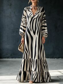 Omancia Women's Fall White And Black Stand Collar Split V Neck Lantern Long Sleeve Ruffle Hem Loose Maxi Dress Vacation Boho - Apricot - View 7