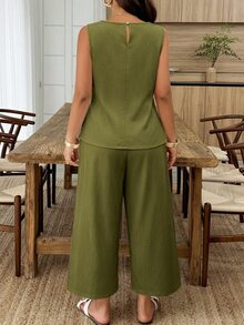 Omancia Women's Spring/Summer Casual Vacation Sleeveless Asymmetrical Hem Split Button Decor 2 Pieces Set, Suitable For Daily Vacation Wear - Army Green - View 3