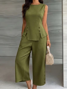 Omancia Women's Spring/Summer Casual Vacation Sleeveless Asymmetrical Hem Split Button Decor 2 Pieces Set, Suitable For Daily Vacation Wear - Army Green - View 4