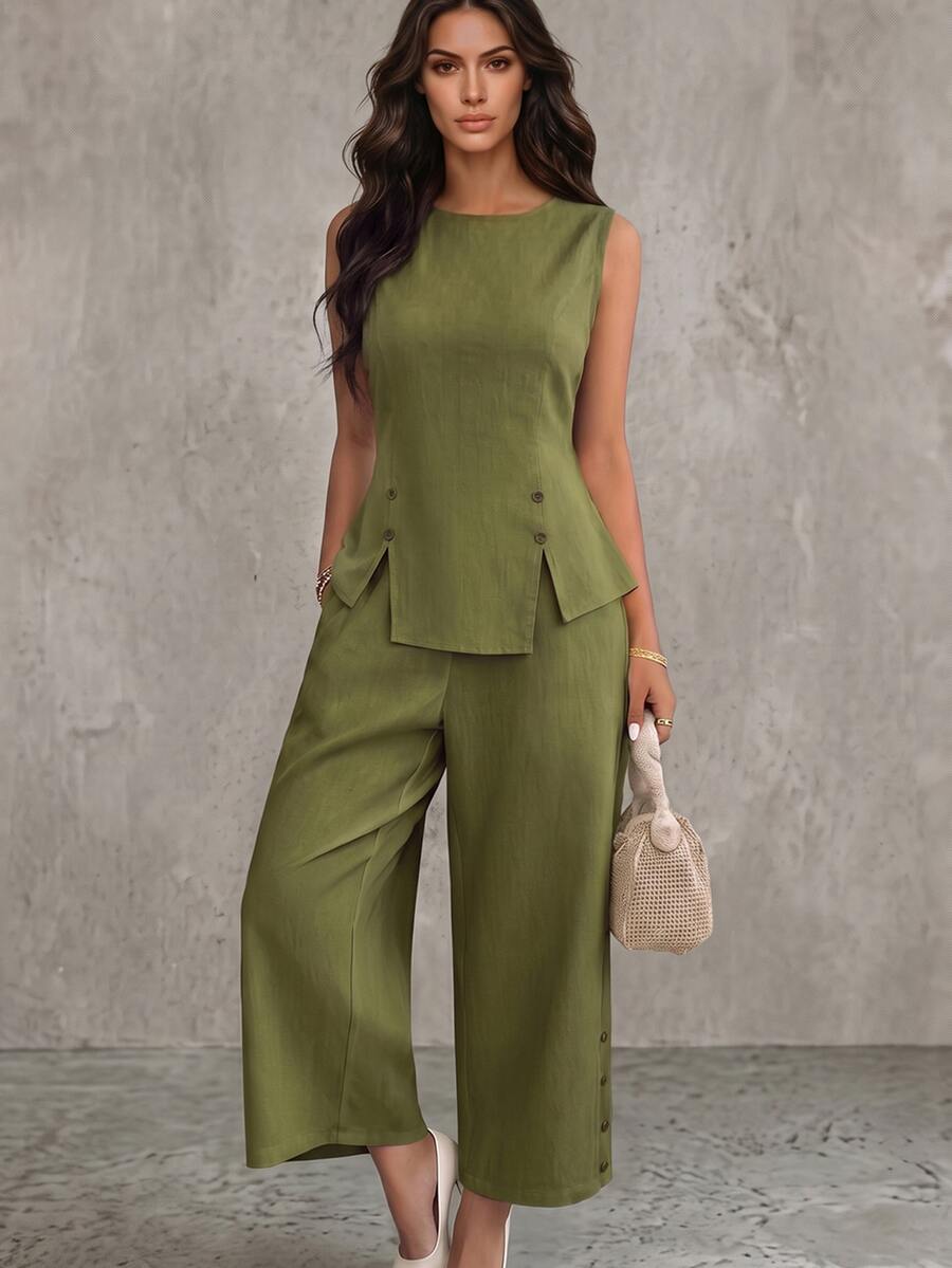 Omancia Women's Spring/Summer Casual Vacation Sleeveless Asymmetrical Hem Split Button Decor 2 Pieces Set, Suitable For Daily Vacation Wear