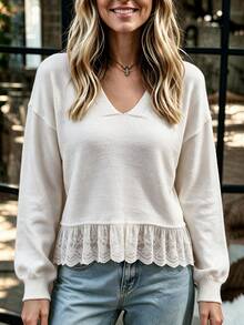 Omancia Women's Western Casual V-Neck Lace Patchwork Sweater - Apricot - View 2