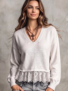 Omancia Women's Western Casual V-Neck Lace Patchwork Sweater - Apricot - View 1