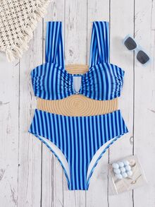 SHEIN Swim Conjunto de bikini de vacaciones para mujer, nuevo de verano, con estampado aleatorio multicolor, cuello en V, doble tirante y dulce patrón floral menudo - Multicolor - Ver 4