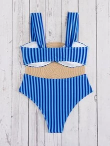 SHEIN Swim Conjunto de bikini de vacaciones para mujer, nuevo de verano, con estampado aleatorio multicolor, cuello en V, doble tirante y dulce patrón floral menudo - Multicolor - Ver 2