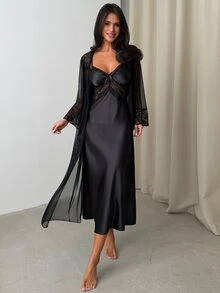 Firerie Elegant Girl's INS Satin Lace Robe & Dress Sleepwear Set For Women - Black - View 3