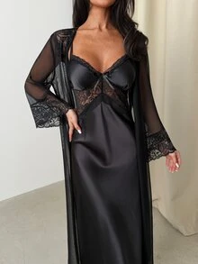 Firerie Elegant Girl's INS Satin Lace Robe & Dress Sleepwear Set For Women - Black - View 5