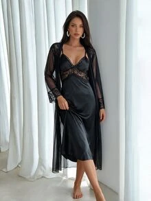 Firerie Elegant Girl's INS Satin Lace Robe & Dress Sleepwear Set For Women - Black - View 2