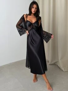 Firerie Elegant Girl's INS Satin Lace Robe & Dress Sleepwear Set For Women - Black - View 7