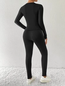 SHEIN Raffinéa 2 件套加厚保暖内衬女士保暖长袖上衣和裤子套装 - 黑色 - 查看 2