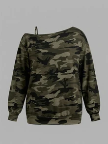 EMERY ROSE Dark Green Autumn Plus Size Women Camouflage Print T-Shirt,Casual Everyday Asymmetric Spaghetti Strap Cold Shoulder Minimalist Full-Width Tee Top Fall - Army Green - View 2