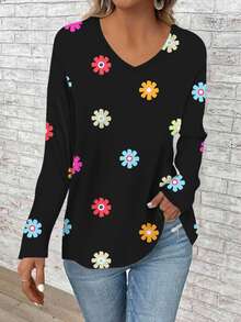 EMERY ROSE Casual Boho Matching Black Floral Print Plus Size V-Neck Long Sleeve Loose T-Shirt For Women Spring Autumn Flower Summer Vacation Fall Travel - Multicolor - View 3