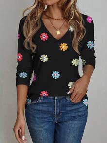 EMERY ROSE Casual Boho Matching Black Floral Print Plus Size V-Neck Long Sleeve Loose T-Shirt For Women Spring Autumn Flower Summer Vacation Fall Travel - Multicolor - View 5