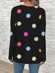 EMERY ROSE Casual Boho Matching Black Floral Print Plus Size V-Neck Long Sleeve Loose T-Shirt For Women Spring Autumn Flower Summer Vacation Fall Travel - Multicolor - View 2