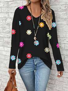 EMERY ROSE Casual Boho Matching Black Floral Print Plus Size V-Neck Long Sleeve Loose T-Shirt For Women Spring Autumn Flower Summer Vacation Fall Travel - Multicolor - View 4