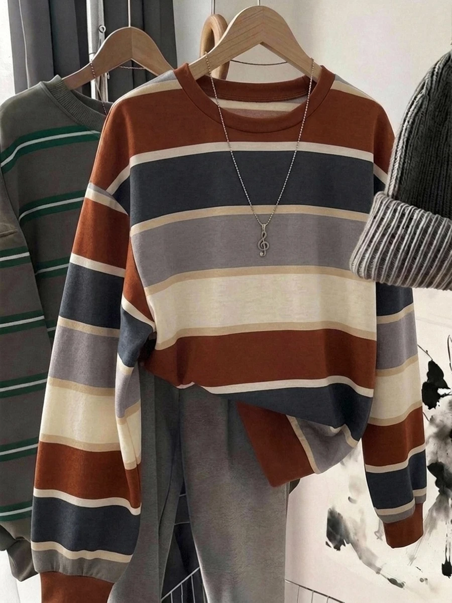 SHEIN LUNE 女款運動衫,秋季服飾,條紋,休閒復古 70 年代極簡主義日常百搭,校園出遊穿搭,橄欖綠灰色 - 白色 - 查看 1