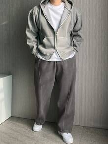 DAZY 男士做旧拼接设计保暖内衬运动裤，秋冬季 - 灰色 - 查看 3