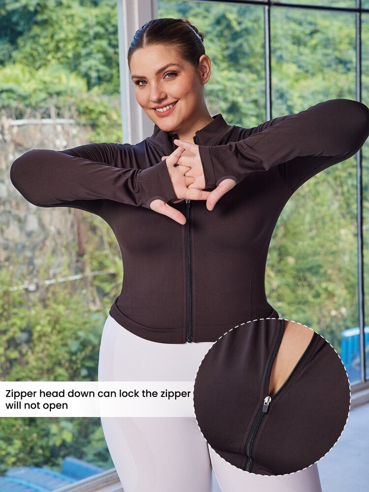 SHEIN Rhythm Era Plus Size Women's Stand Collar Zip Up Fitted Athletic Jacket, Long Sleeve - Coffee Brown - View 3