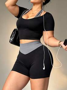 SHEIN Rhythm Era Women's Plus Size 2 In 1 Halter Neck T-Shirt And Shorts Sports Alternative Kawaii Set Gym Black Gray Fall - Black - View 6