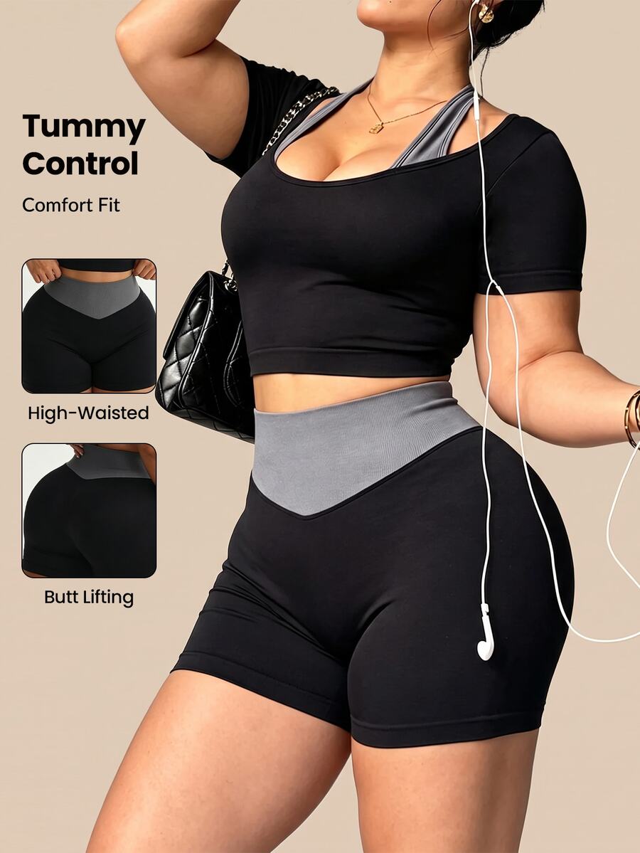 SHEIN Rhythm Era Women's Plus Size 2 In 1 Halter Neck T-Shirt And Shorts Sports Alternative Kawaii Set Gym Black Gray Fall - Black - View 1