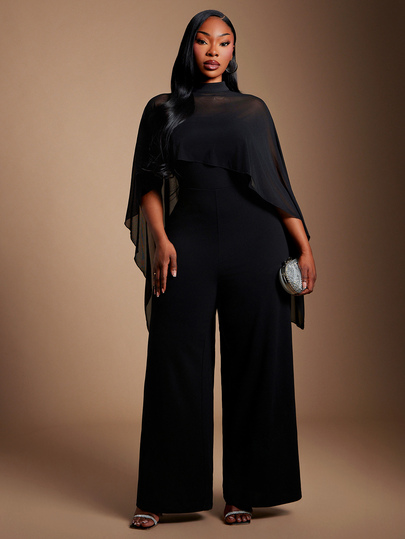 Radiana Mono ajustado sexy y elegante de color negro para mujer de talla grande, conjunto de 2 piezas con capa de malla + mono de pierna ancha con bandeau, conjunto de mono de pierna ancha con capa, conjunto elegante de 2 piezas, mono de talla grande, atuendo para fiestas, atuendo para Nochevieja, atuendo para Navidad, atuendo para vacaciones, atuendo para el día a día, ropa de otoño, ropa de invierno