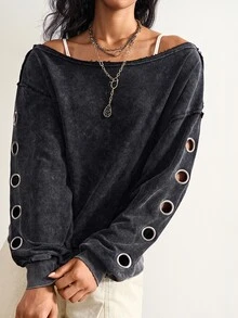 Bohemela Women's Fashion Streetwear Asymmetrical Shoulder Eyelet Sweatshirt - Black - View 2