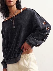 Bohemela Women's Fashion Streetwear Asymmetrical Shoulder Eyelet Sweatshirt - Black - View 1