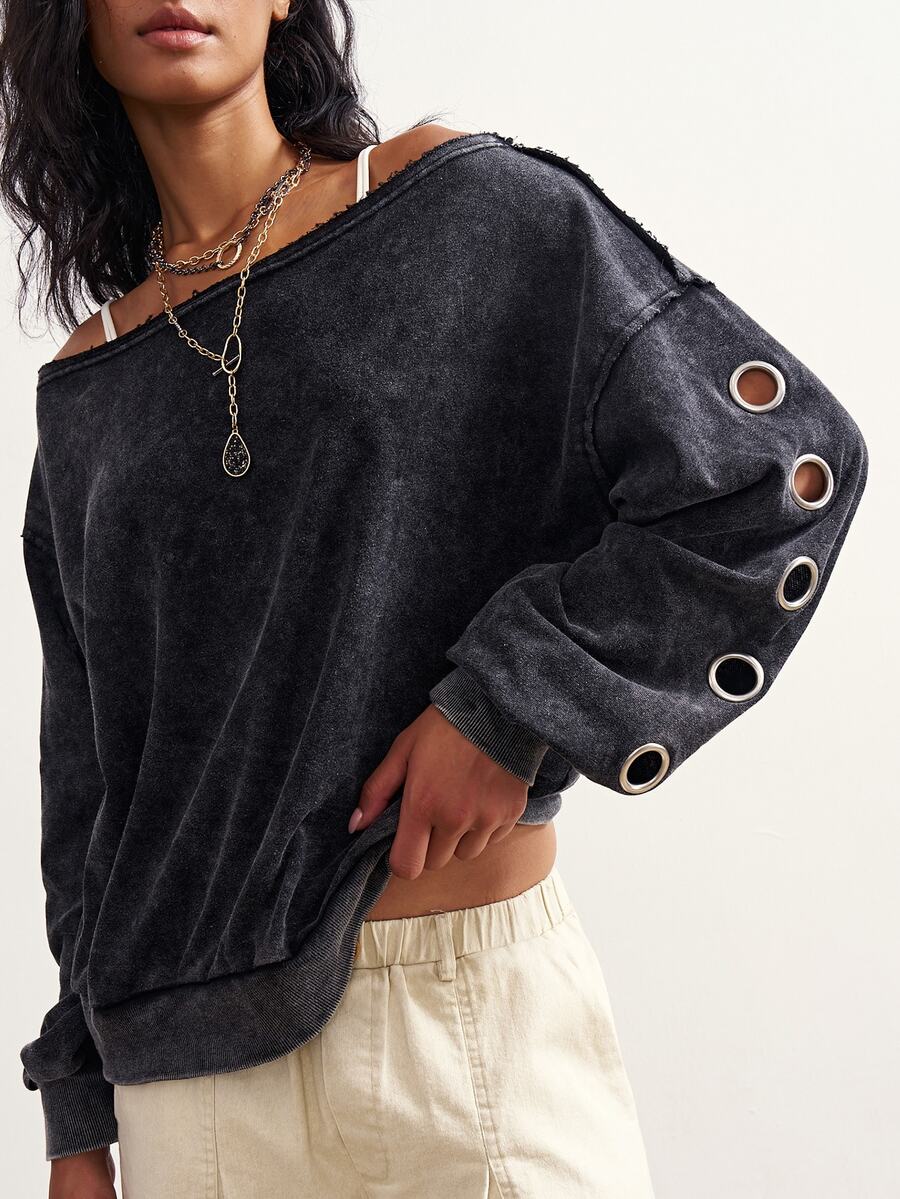 Bohemela Women's Fashion Streetwear Asymmetrical Shoulder Eyelet Sweatshirt - Black - View 1