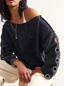 Bohemela Women's Fashion Streetwear Asymmetrical Shoulder Eyelet Sweatshirt - Black - View 8