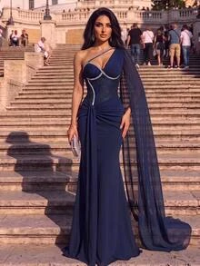 Aureia Elegant Luxury Romantic Navy Blue Sequin Lace Patchwork Elastic Knit One Shoulder Chiffon Ruffle Decorated With Luxurious Sequins Embellishment Mermaid Tail Skirt Suitable For All Formal Occasions Heavy Work Evening Gown (Heavy Work Style) - Navy Blue - View 5