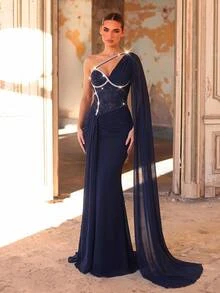 Aureia Elegant Luxury Romantic Navy Blue Sequin Lace Patchwork Elastic Knit One Shoulder Chiffon Ruffle Decorated With Luxurious Sequins Embellishment Mermaid Tail Skirt Suitable For All Formal Occasions Heavy Work Evening Gown (Heavy Work Style) - Navy Blue - View 6