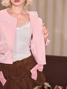 Sweetness Women's Autumn/Winter Pink Heart Pocket Bow Collar Peter Pan Collar Fleece Jacket - Pink - View 12