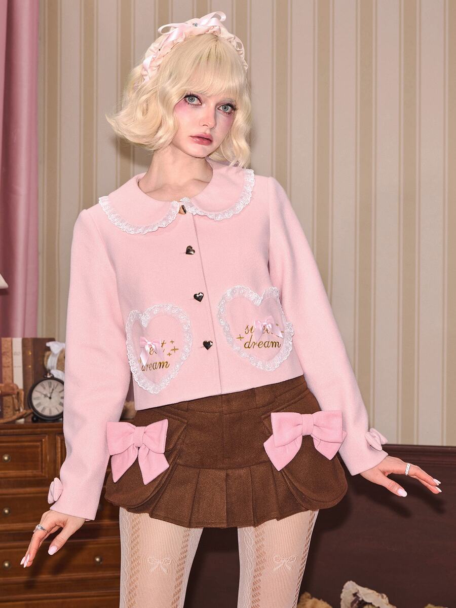 Sweetness Women's Autumn/Winter Pink Heart Pocket Bow Collar Peter Pan Collar Fleece Jacket - Pink - View 1