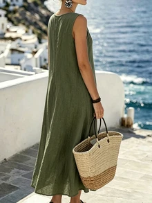 Omancia 女款夏季純色休閒波希米亞風度假掛脖長洋裝 橄欖綠 - 軍綠色 - 查看 2