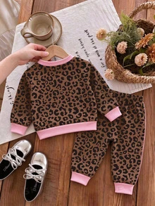 Newborn Leopard-Print Long-Sleeve Top And Pants Set; Fleece-Lined And Thickened-Suitable For Autumn And Winter Wear. - White - View 2