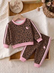 Newborn Leopard-Print Long-Sleeve Top And Pants Set; Fleece-Lined And Thickened-Suitable For Autumn And Winter Wear. - White - View 5