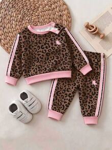 Newborn Leopard-Print Long-Sleeve Top And Pants Set; Fleece-Lined And Thickened-Suitable For Autumn And Winter Wear. - White - View 4