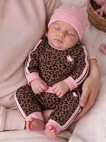 Newborn Leopard-Print Long-Sleeve Top And Pants Set; Fleece-Lined And Thickened-Suitable For Autumn And Winter Wear. - White - View 1