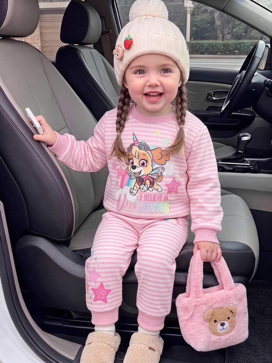 SHEIN | PAW Patrol Baby Girl Round Neck Striped Cartoon Pattern Long Sleeve Sweatshirt And Pants Set, Suitable For Daily Wear, Autumn/Winter - Multicolor - View 1