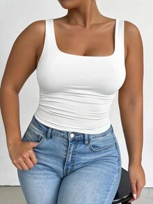Elenzga Plus-Size Women's Square Neck Sleeveless Tank Top, Spring/Summer, Vacation, Basic White Tank Top For Going Out. - White - View 3