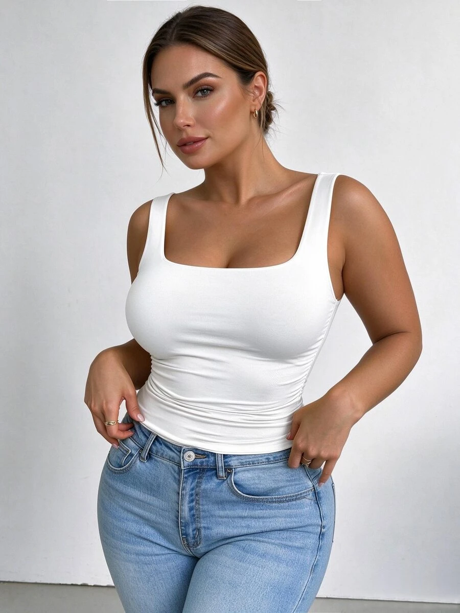 Elenzga Plus-Size Women's Square Neck Sleeveless Tank Top, Spring/Summer, Vacation, Basic White Tank Top For Going Out. - White - View 1