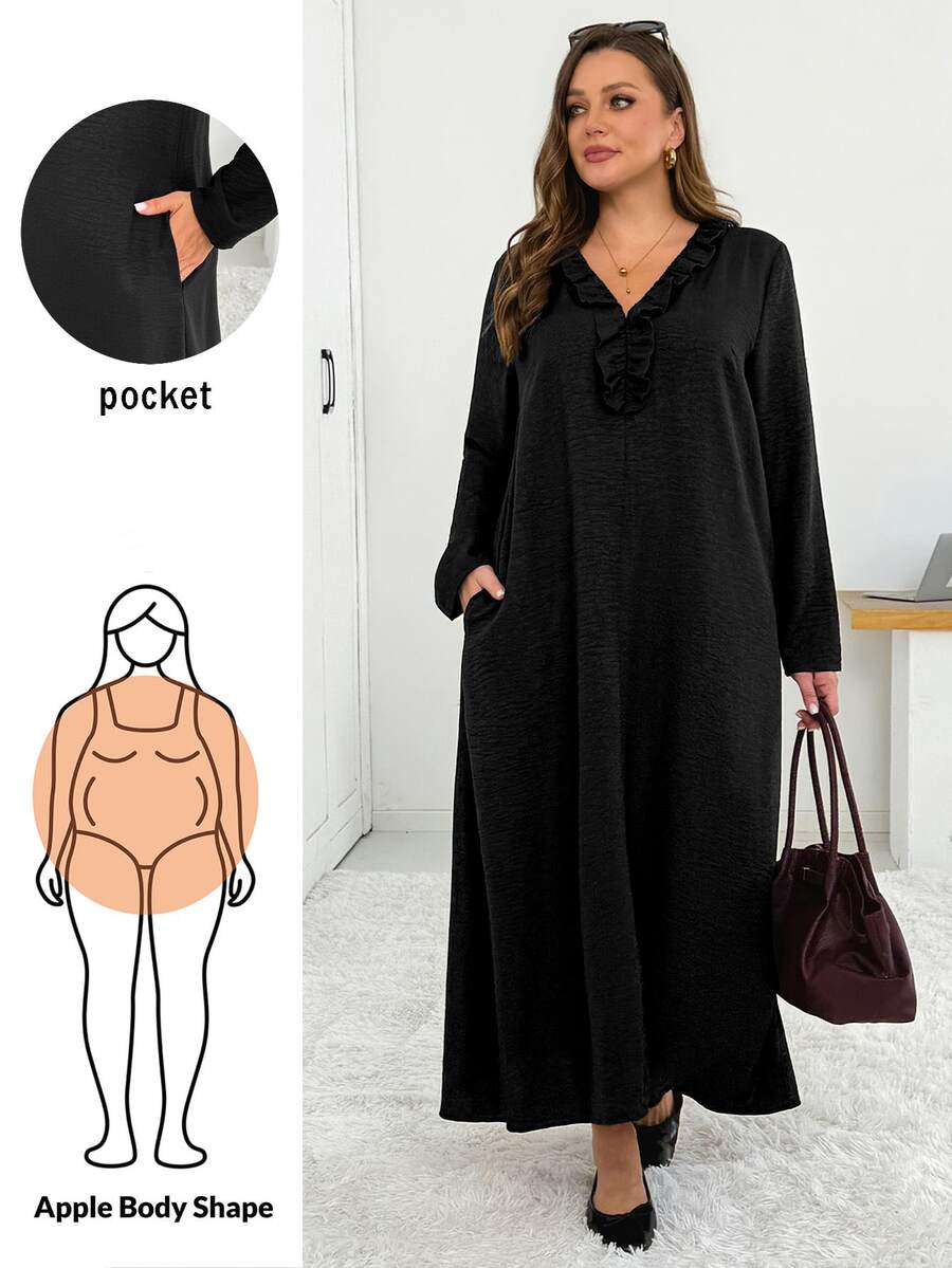 Shapeblank Women's Plus-Size Spring/Autumn Casual Loose-Fit Black Long Dress With Ruffled V-Neck, Long Sleeves, And Pockets,Black Dress, Office Work Dress Women