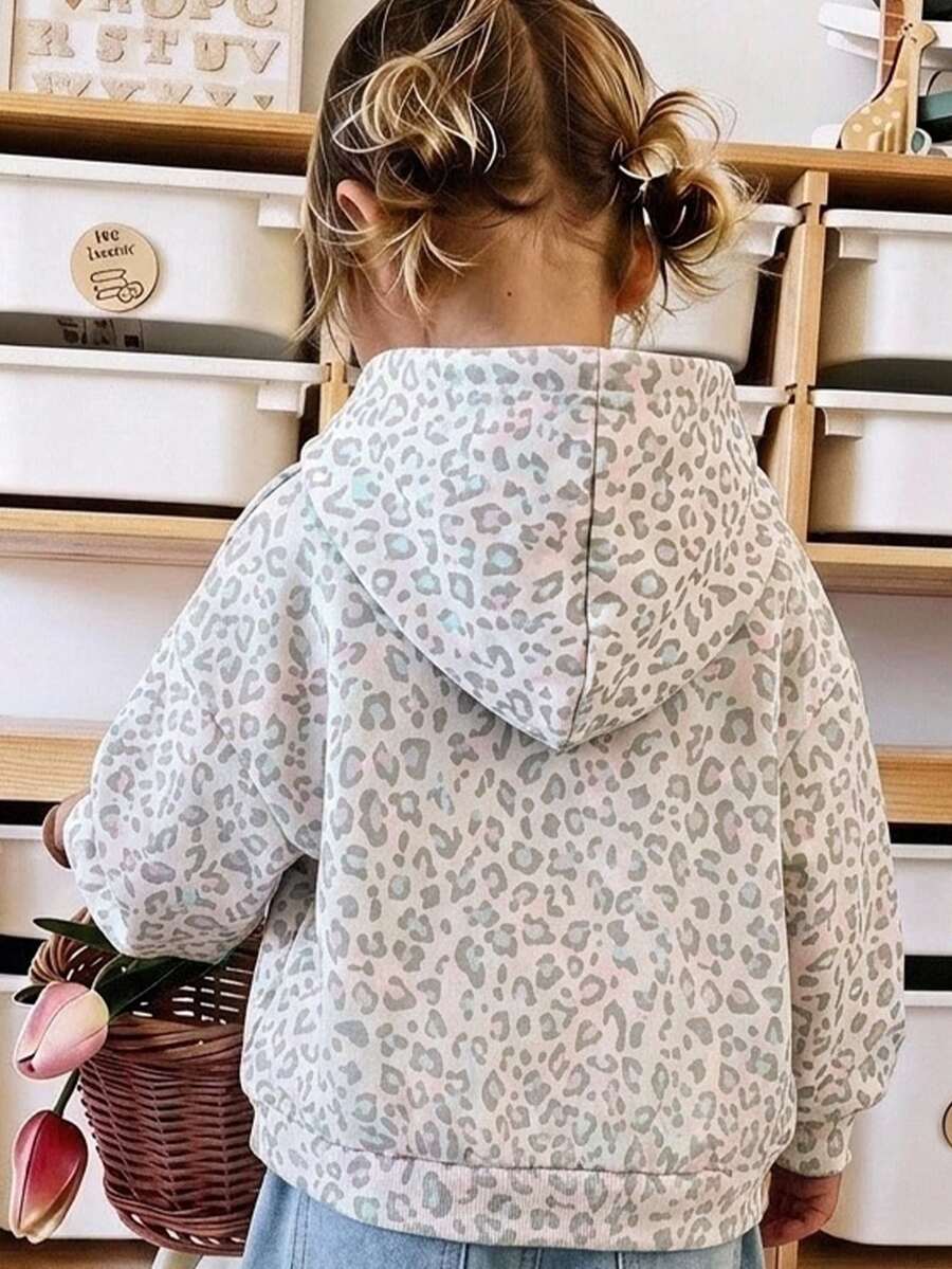 SHEIN Babygirl Cute Versatile Casual Leopard Print Hooded Autumn Sweatshirt(Only Top) - Grey - View 1