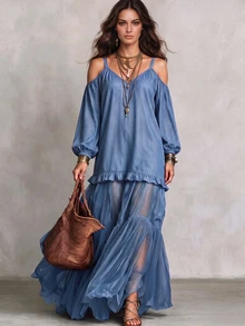 Omancia Women's Open Shoulder Lantern Sleeve Patchwork Chiffon Maxi Dress Vacation Dusty Blue Autumn Boho - Blue - View 3